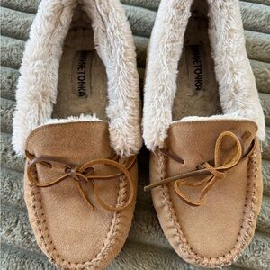 Minnetonka Brown Suede Moccasins with Plush Lining